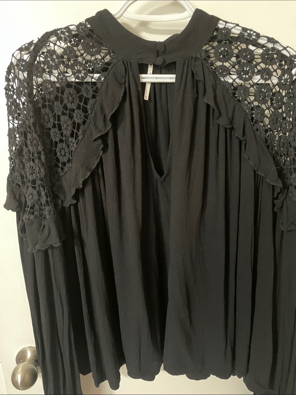 Free People Black Lace Yoke Long Sleeve Blouse - Picture 3 of 9